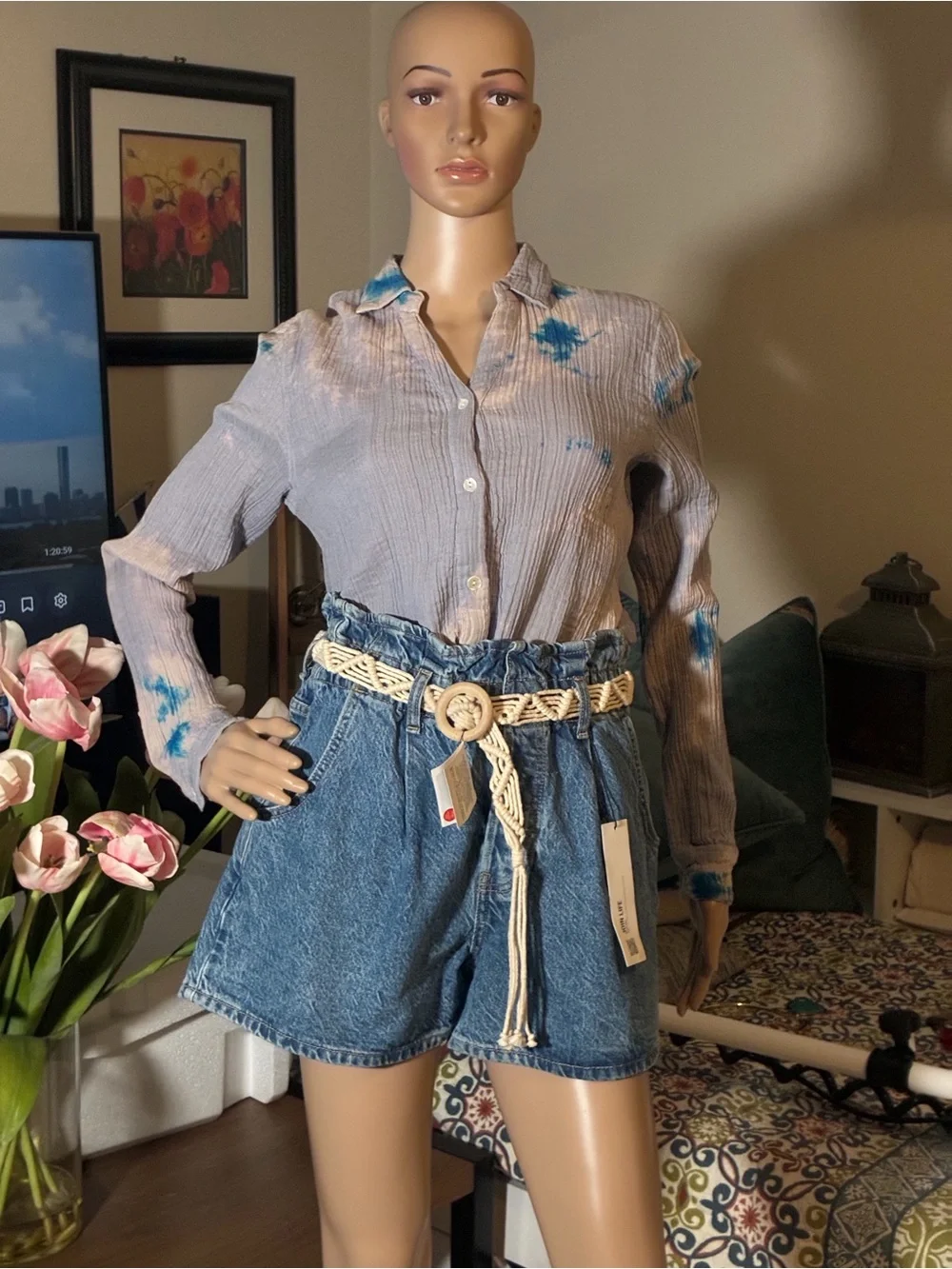 Zara BAGGY SHORT High Waisted Paperbag Denim Shorts with Macramé Belt